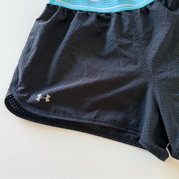 Under Armour Women’s Running Shorts Black Mesh Blue Logo Waistband - Picture 3 of 6